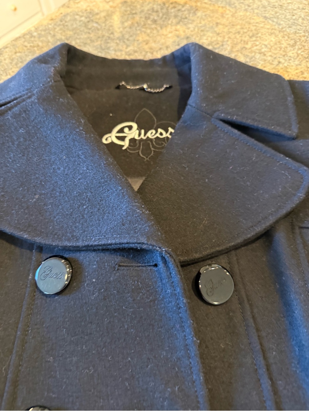 Guess Black Double-Breasted Wool Pea Coat